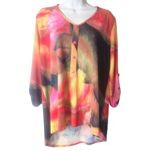 Clara Sun Woo Blouse L Colorful Art-to-Wear Fluid Long Tab Sleeve Tunic Shirt‎